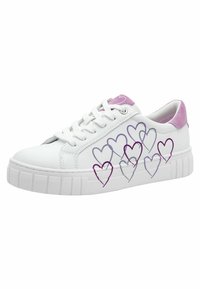 Sneaker sintetica bianca con design a cuori viola e rosa, suola intermedia bianca testurizzata e lacci con punta tonda.