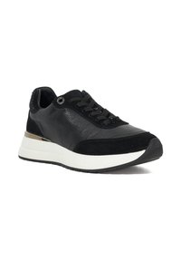 Black leather and suede sneaker with black laces, white sole, and metallic accent on heel, shown at an angled side view.