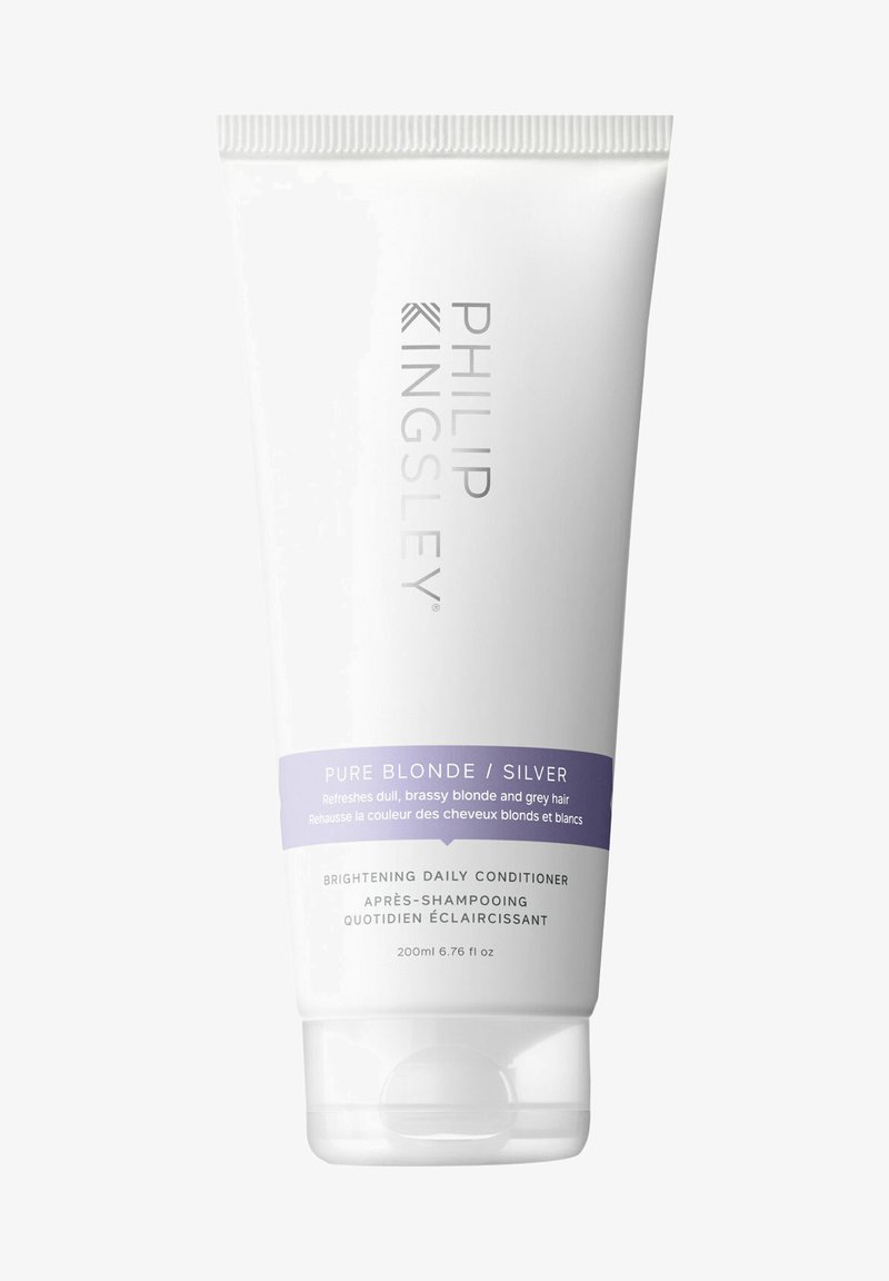 Witte knijptube van Philip Kingsley conditioner met grijze tekst. Paarse band gelabeld "Pure Blonde/Silver." Bevat 200ml. Soepele textuur.