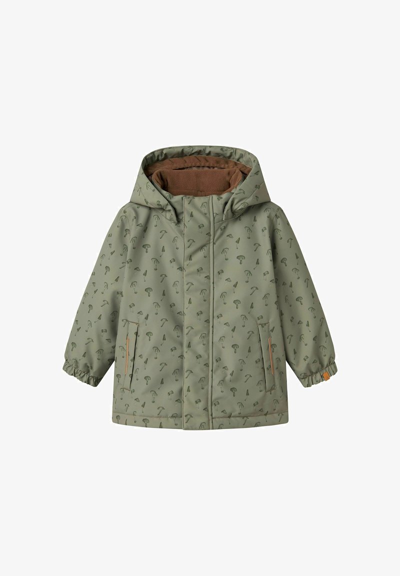 Zaļš bērnu kapucis ar sēņu rakstu, brūns flokāta oderējums, priekšējās kabatas un elastīgas aproces.