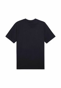 Zwarte katoenen T-shirt met korte mouwen, ronde hals en een rechte zoom, met een eenvoudig, effen ontwerp zonder grafische elementen of versieringen.