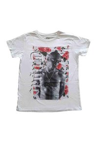 White cotton t-shirt featuring a black-and-white graphic of a torso surrounded by red roses and stylized text, with a crew neckline.