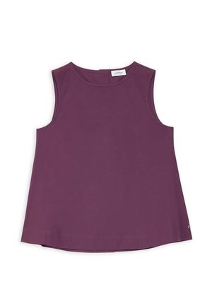 Blouse sans manches de couleur prune avec encolure ronde, coupe ample, et une petite étiquette de marque près de l'ourlet inférieur sur fond blanc.