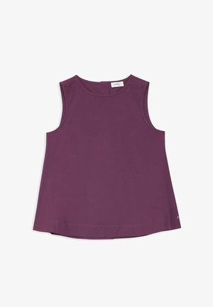 Blouse sans manches de couleur prune avec encolure ronde, coupe ample, et une petite étiquette de marque près de l'ourlet inférieur sur fond blanc.