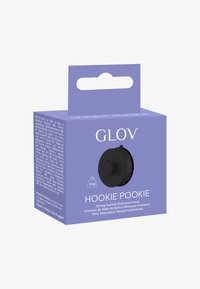 Gancio da bagno a ventosa nero in una scatola viola etichettata "Hookie Pookie." La scatola presenta una capacità di peso di 5 kg e testo multilingue sui lati.
