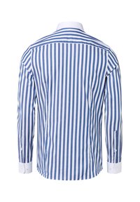 Camicia a maniche lunghe a righe con strisce verticali blu e bianche, dotata di un colletto bianco e polsini a doppio bottone, realizzata in cotone leggero.