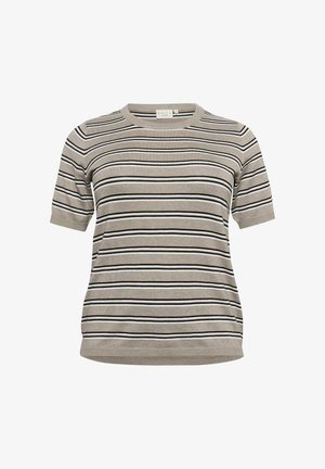 Krátky rukáv s pruhovaným vzorom v béžovej farbe, s čiernymi a bielymi horizontálnymi pruhmi, okrúhlym výstrihom a jemnou textúrou. Neformálny dizajn, priliehavý strih.