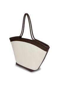 Kassi, jossa on ruskea tekonahkaverhoilu ja -kahvat, sisältää vaaleanbeigeä vartta, jossa on sileä pinta ja leveä, kapea muoto.