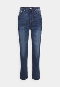 Dark blue denim jeans with a straight leg design, five-pocket style, and contrasting stitching along the seams and waistband.