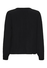 Sort langærmet bluse med blødt stof, plisseret design og knappede mansjetter, med en afslappet pasform og rund udskæring bagpå.