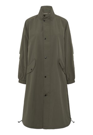 Olive green long coat, featuring a high collar, snap buttons, side pockets, and elasticized cuffs. Smooth, lightweight material with adjustable hem.
