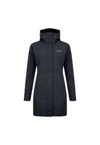 Schwarz, wasserdichte Jacke mit einer Kapuze, langen Ärmeln, geradem Schnitt und einem Reißverschluss auf der Vorderseite. Mit einem Logo im Brustbereich.