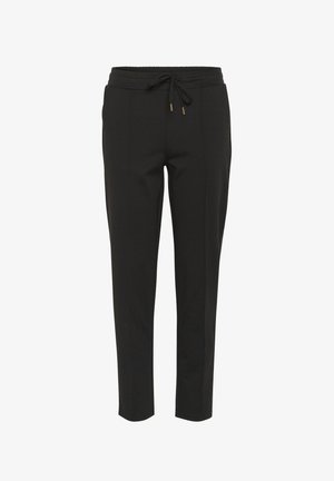 Zwarte tapered joggers met elastische tailleband en trekkoord, voorzien van zijzakken en details in de voornaad.