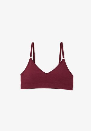 Burgundy bra with a V-neck design, adjustable straps, and a smooth fabric texture. No fastenings or additional embellishments.