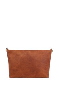 Bruine leren pouch met een rechthoekige vorm, een gladde textuur, een rits aan de bovenkant en twee metalen ringen aan de zijkanten voor bevestiging.