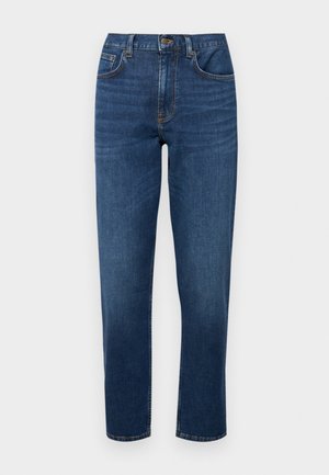 Jeans negre din denim, cu un design clasic cu cinci buzunare, cusături vizibile și croială dreaptă.
