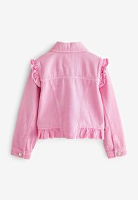 Rosa Jeansjacke mit Rüschendetails an den Schultern, einem verkürzten Design und einer Knopfverschluss mit strukturierter Stoffoberfläche.