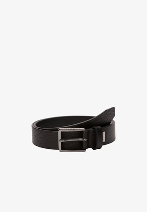 Black leather belt with a textured finish, featuring a silver buckle and a loop. Simple design with a modern, clean look.