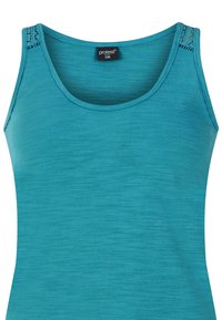 Turquoise tanktop gemaakt van een katoenmix. Heeft een ronde halslijn en decoratieve kantaccenten op de schouderbanden.