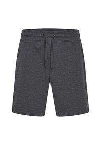 Mørkegrå treningsshorts laget av mykt stoff, med elastisk midjebånd og snøring, samt en avslappet passform.