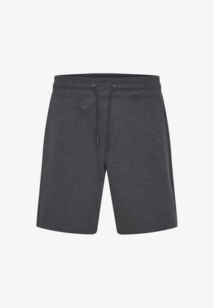 Tamsiai pilki sportiniai šortai, pagaminti iš minkštos medžiagos, su elastingu juosmeniu ir raišteliu, turintys laisvą tinka.