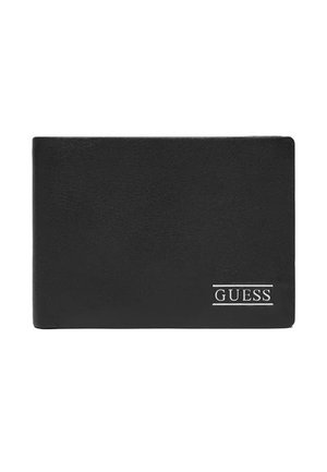 Portafoglio nero bifold con superficie strutturata e logo Guess argentato impresso nell'angolo in basso a destra.
