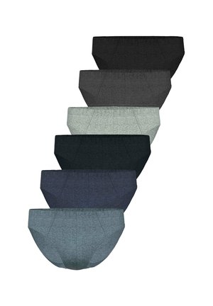 Sechs Paar Herren-Baumwollslips in verschiedenen Schattierungen von Schwarz, Grau und Blau, vertikal auf weißem Hintergrund angeordnet.