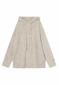 Pulover bej cu glugă, fabricat dintr-un material moale și texturat. Are mâneci lungi, șnur de ajustare și o croială lejeră cu un tiv ribbat.