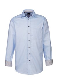 Camicia a maniche lunghe azzurro chiaro con colletto button-down. Presenta una tasca e polsini con un motivo in un design contrastante. Bottoni neri.