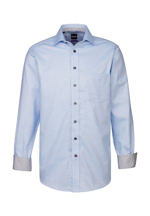 Camicia a maniche lunghe azzurro chiaro con colletto button-down. Presenta una tasca e polsini con un motivo in un design contrastante. Bottoni neri.