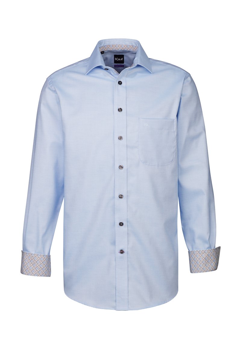 Camicia a maniche lunghe azzurro chiaro con colletto button-down. Presenta una tasca e polsini con un motivo in un design contrastante. Bottoni neri.