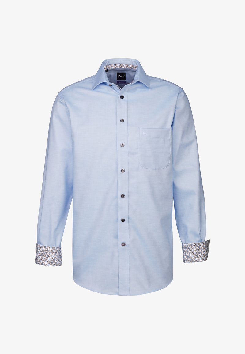 Camicia a maniche lunghe azzurro chiaro con colletto button-down. Presenta una tasca e polsini con un motivo in un design contrastante. Bottoni neri.