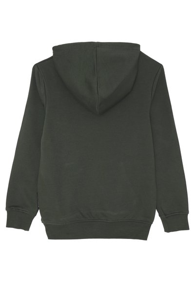 Felpa con cappuccio verde scuro, con maniche lunghe e polsini e fondo a costine, vista da dietro su uno sfondo bianco.