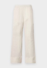 Lyse beige vide bukser med vertikale striber, elastisk talje og oppbrettede lommer. Laget av et glatt, mykt stoff.