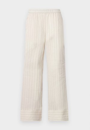 Light beige wide-leg pants with vertical pinstripes, elastic waistband, and cuffed hems. Made from a smooth, soft fabric.