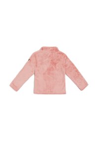 Faux-Fur-Jacke in sanftem Rosa mit hohem Kragen, ausgestattet mit langen Ärmeln und einer aufgesetzten Tasche. Glatte Textur ohne sichtbare Verschlüsse.