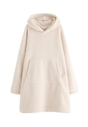 Cremefarvet oversized hættefleece tunika med en forlommekasse, blød tekstur og lange ærmer. Designet til komfort og varme.