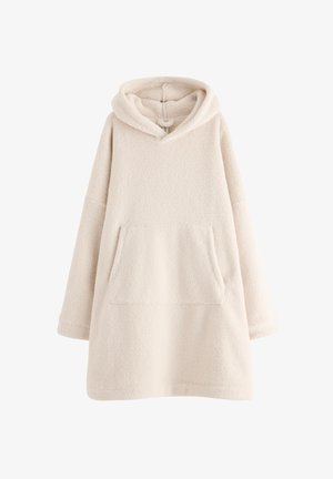 Krämfärgad oversized huvtröja i fleece med en framficka, mjuk textur och långa ärmar. Designad för komfort och värme.