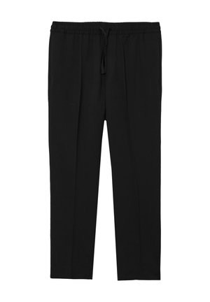 Schwarze Hose mit elastischem Bund, verstellbarem Kordelzug, zwei vorderen Falten und geraden Beinen. Hergestellt aus glattem, leichtem Stoff.