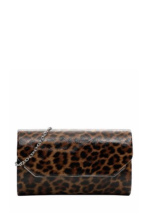 Leopard print clutch with a glossy finish, featuring a silver chain strap and a structured rectangular shape. There is an angular metal accent.