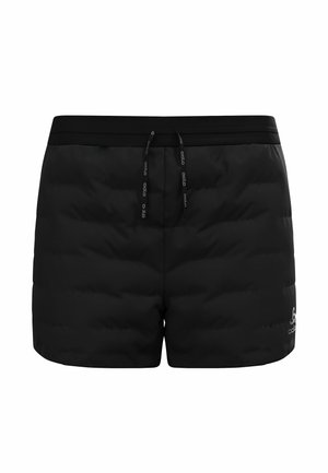 Schwarze gepolsterte Shorts mit weichem Außenmaterial, einem elastischen Bund, verstellbarem Kordelzug und Logo auf der unteren rechten Seite.