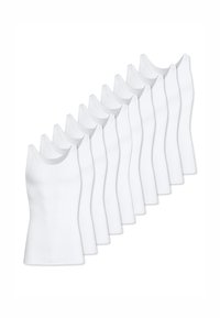 Set di dieci canottiere bianche a costine con spalline larghe, caratterizzate da una vestibilità slim e realizzate in morbido cotone, adatte per un abbigliamento casual.