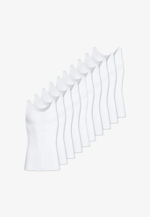 Set aus zehn weißen gerippten Tanktops mit breiten Trägern, die einen schlanken Schnitt und weichen Baumwollstoff aufweisen, ideal für die Freizeit.