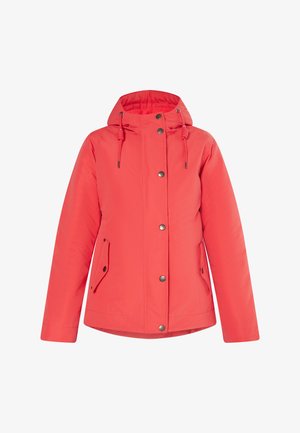 Rote wasserdichte Jacke mit Kapuze, Reißverschluss vorne, Druckknöpfen und verstellbarem Kordelzug. Verfügt über zwei Seitentaschen und eine glatte Textur.