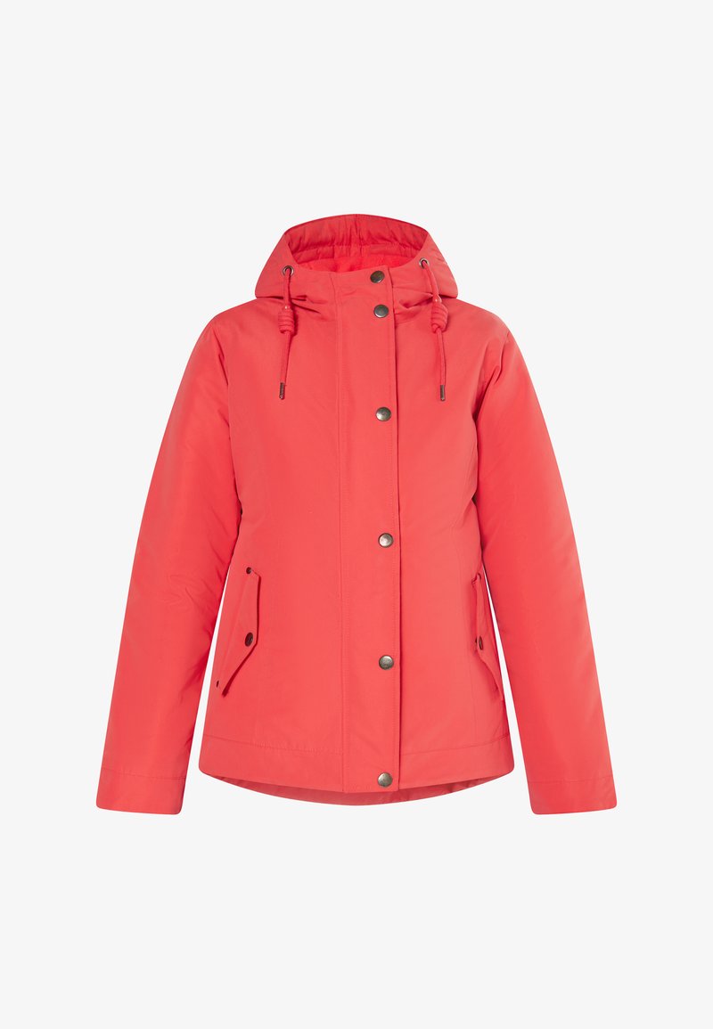 Red waterproof jacket with a hood, zip front, snap buttons, and adjustable drawstring. Features two side pockets and a smooth texture.