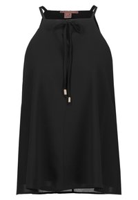 Top senza maniche nero realizzato in morbido tessuto, caratterizzato da un design a collare con chiusura a fiocco e dettagli dorati. Orlo dritto con spacchi laterali.