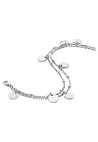 Silver chain bracelet with multiple flat discs attached, featuring a textured pattern. Lobster clasp closure, smooth metallic finish.