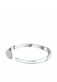 Bracciale in argento con un design liscio ed elegante. Un'estremità presenta una sezione arrotondata decorata con numerosi piccoli cristalli trasparenti.