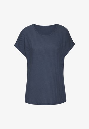 Donkerblauwe t-shirt met korte mouwen, voorzien van een gestructureerd wafelbrei patroon. Heeft een ronde halslijn en een ontspannen pasvorm.