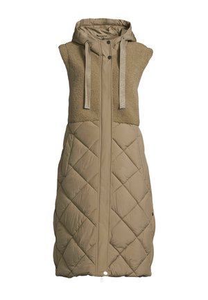 Gilet sans manches en khaki avec une partie inférieure matelassée et un haut doux et texturé. Il dispose d'une capuche, d'une fermeture éclair à l'avant et de cordons de serrage réglables.